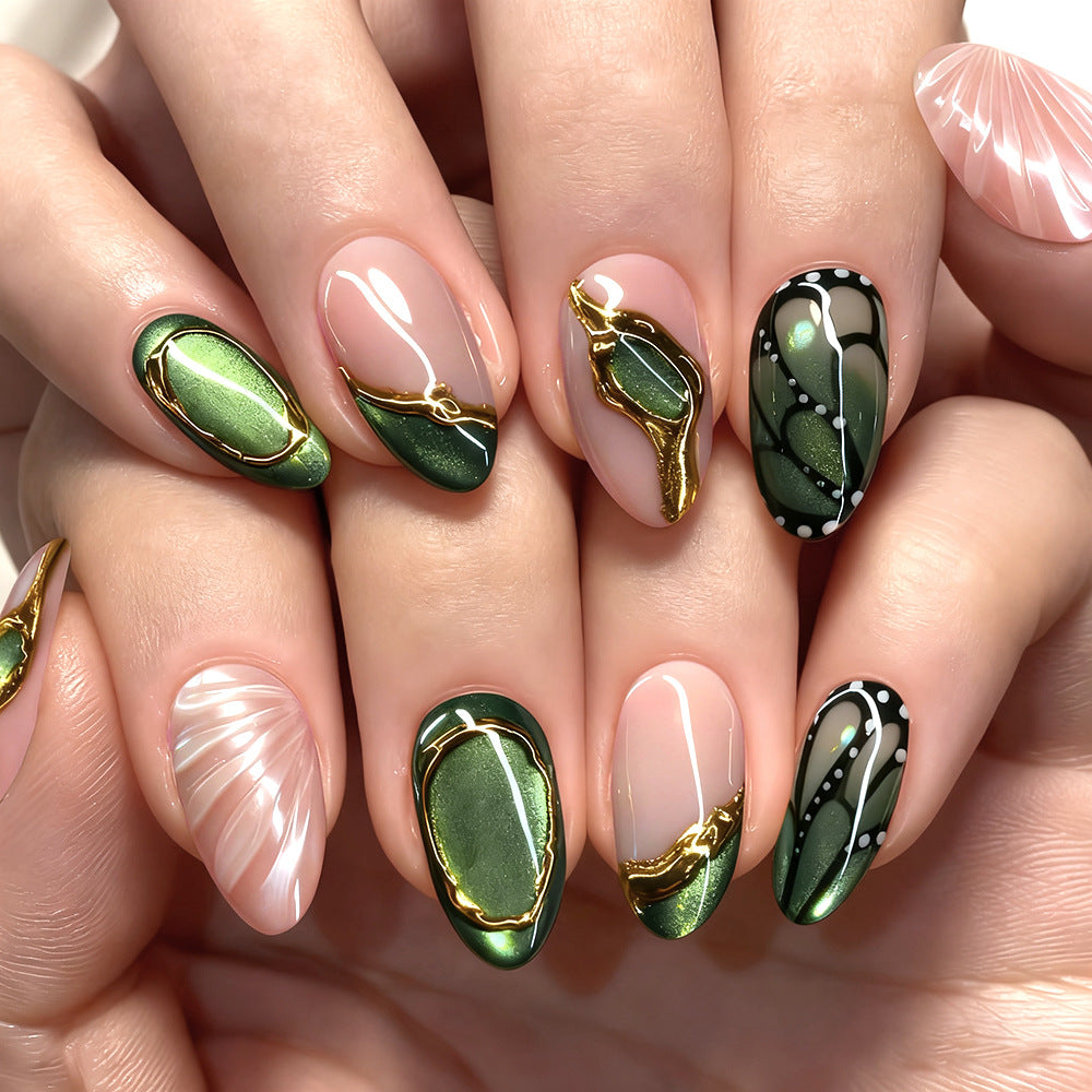 Enchanting Green Elegance Medium Almond Shaped Emerald Gloss with Glamorous Gold Detailing Press On Nail Set