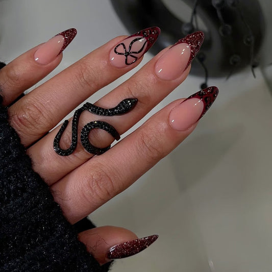 Mystical Elegance Long Almond Burgundy and Black Glitter with Artistic Accents Press On Nail Set