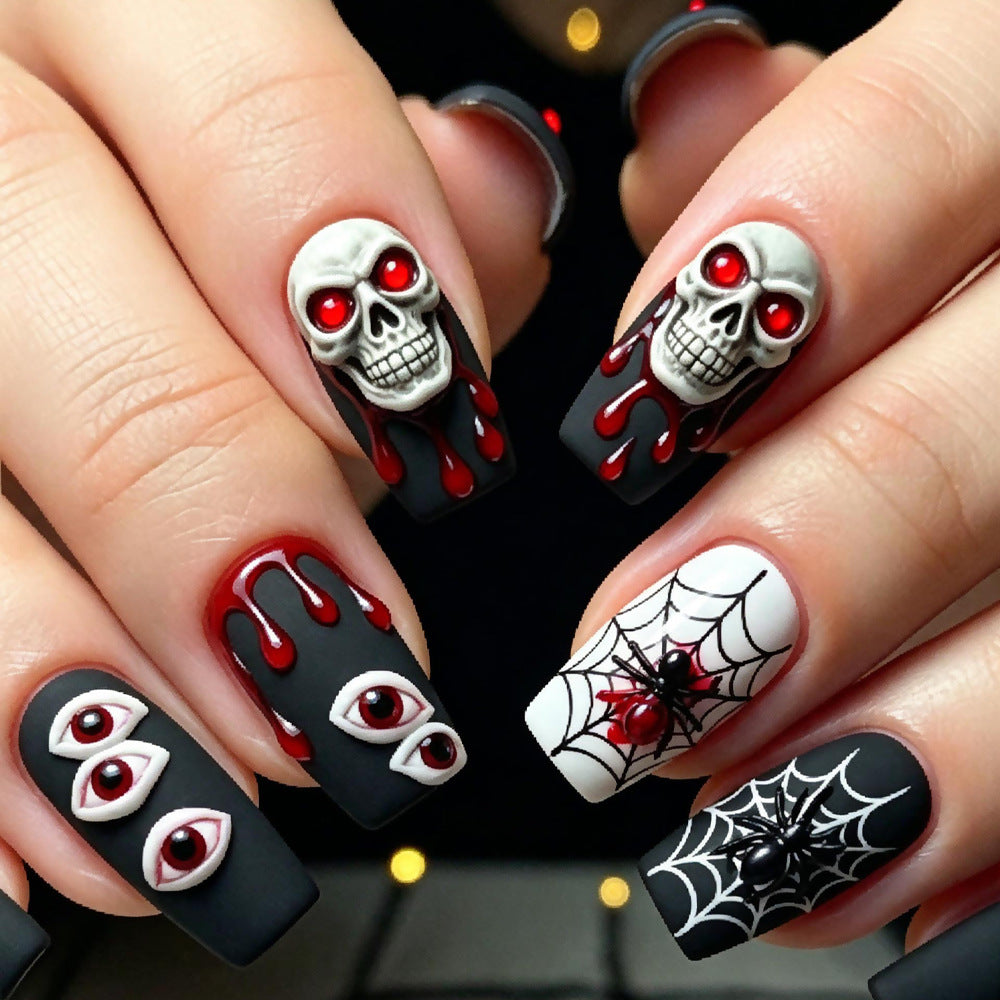 Spooky Glam Medium Square Black and Red Skull-Embellished Press-On Nail Set