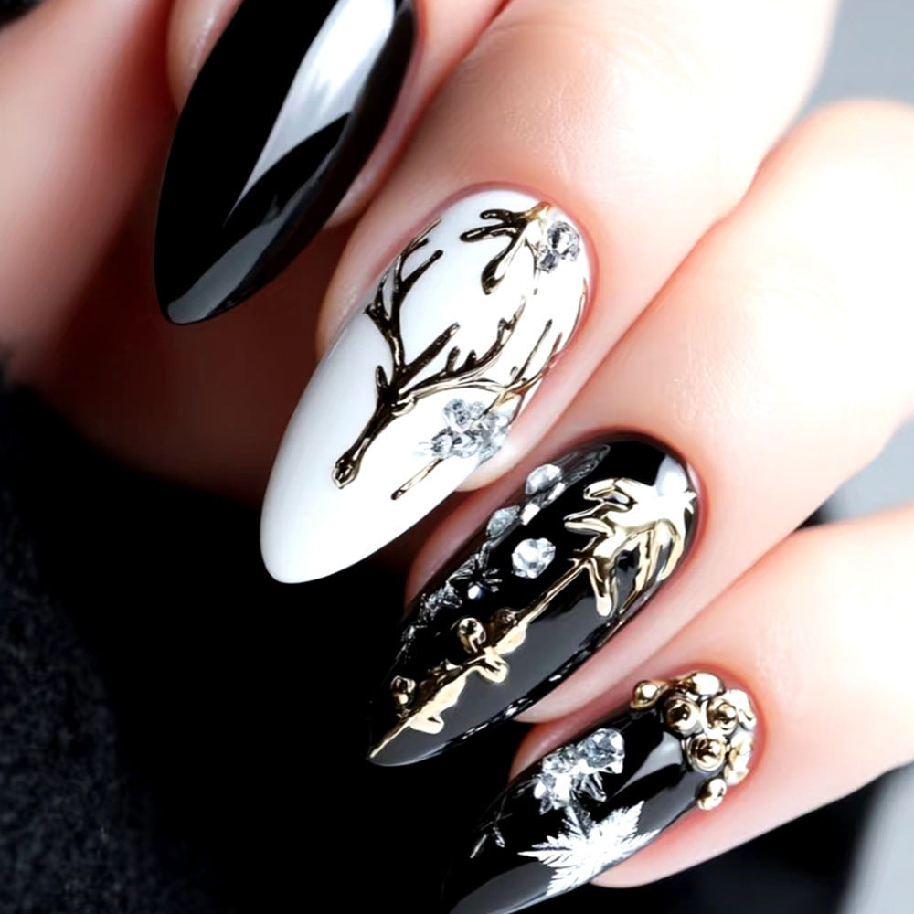 Winter Wonderland Long Almond Black and White with Luxurious Gold Detailing Press on Nail Set