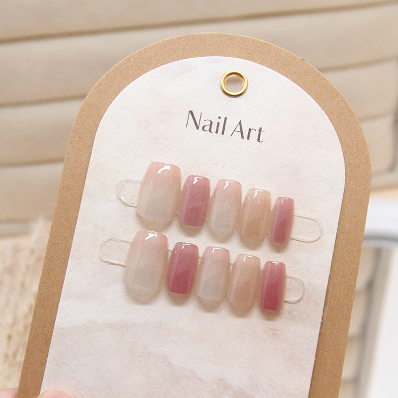 Elegant Harmony Gradient Press on Nail Set in Short Square Shape Beautiful Soft Pink and Beige Blend Glossy Finish