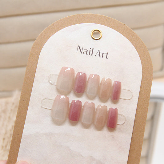 Elegant Harmony Gradient Press on Nail Set in Short Square Shape Beautiful Soft Pink and Beige Blend Glossy Finish