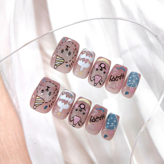 Delightful Whimsical Short Squoval Pink Press On Nail Set with Glitter and Cute Animal Designs