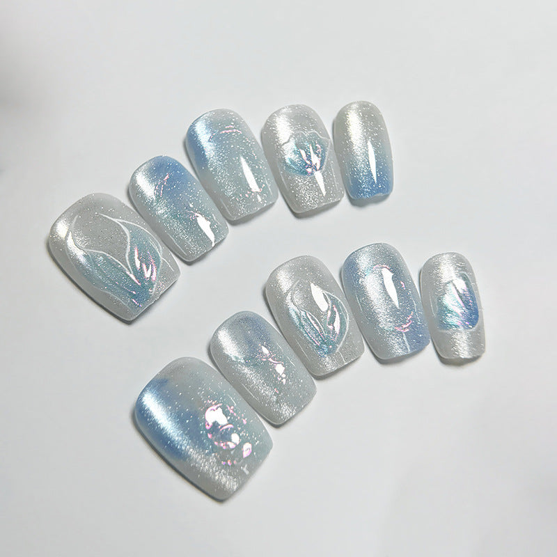 Celestial Dream Long Square Glossy Frosted Blue and Silver Press On Nail Set with Iridescent Finish