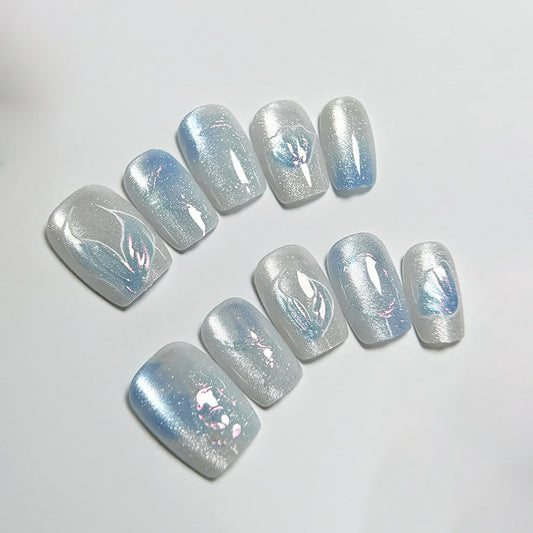 Celestial Dream Long Square Glossy Frosted Blue and Silver Press On Nail Set with Iridescent Finish