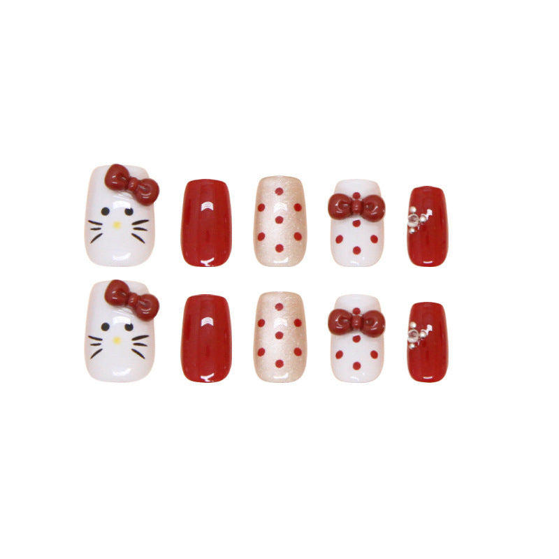 Hello Kitty Glamour Medium Square Red And White Press On Nail Set With Bows And Polka Dots 10 Pieces