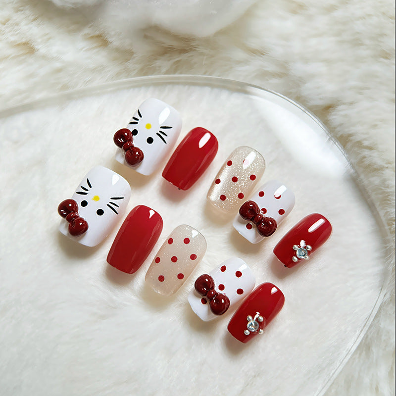 Adorable Kitty-Inspired Red and White Press On Nail Set Long Square Shape with Charming Bow and Polka Dot Designs