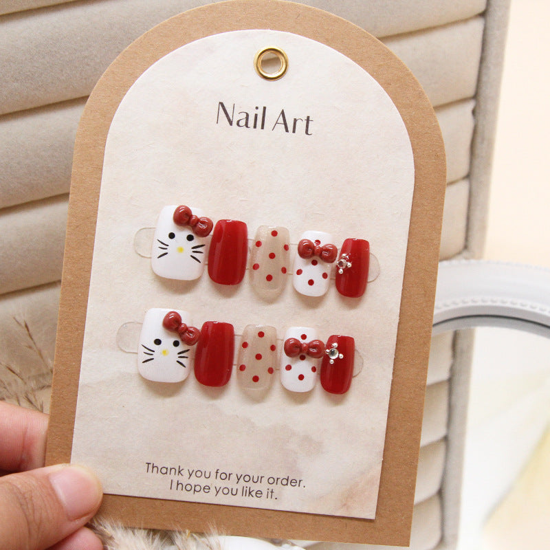 Cute Cat Theme Red And White Square Press On Medium Nail Set 24 Pieces With Bow Accents And Polka Dots