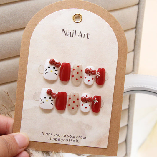 Cute Cat Theme Red And White Square Press On Medium Nail Set 24 Pieces With Bow Accents And Polka Dots