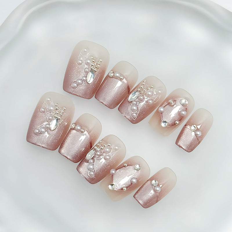 Elegant Fairy Tale Long Square Ombre Pink Press On Nail Set with Pearl and Gemstone Accents