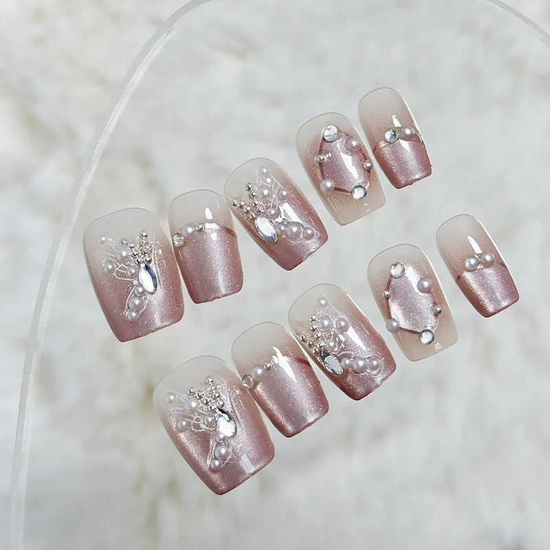 Elegant Rose Blush Press On Nail Set Long Square Shape Shimmering Pink with Pearl Accents