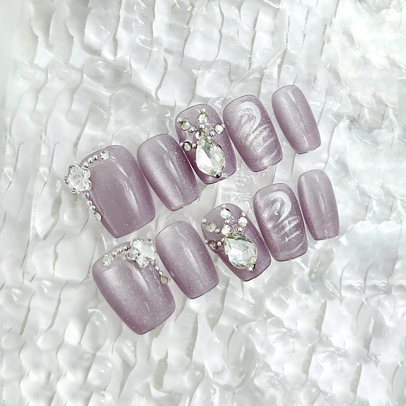 Elegant Twilight Glamour Long Square Lavender Press On Nail Set with Rhinestone Accents