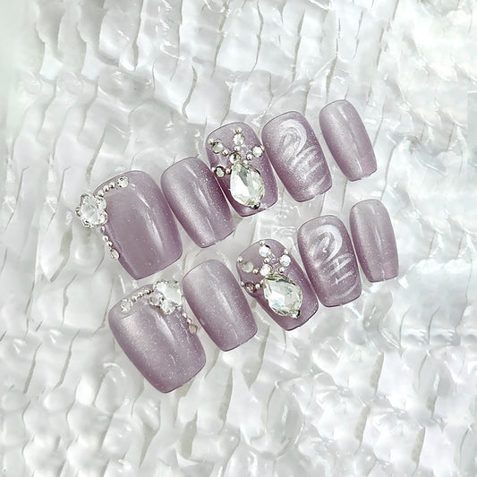 Elegant Twilight Glamour Long Square Lavender Press On Nail Set with Rhinestone Accents