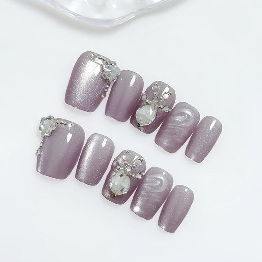 Elegant Glamour Press On Nail Set Long Square Shape Light Purple with Stunning Gemstone Accents