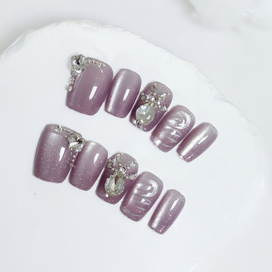 Enchanted Elegance Long Square Lavender Press On Nail Set with Sparkling Gem Accents