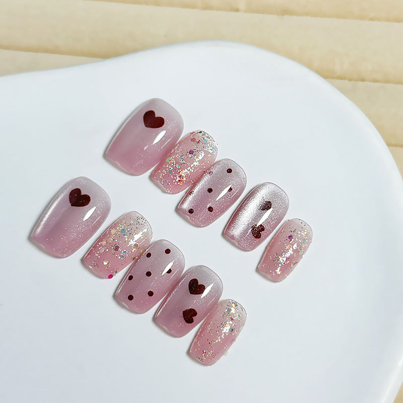 Sweetheart Dream Pink Long Square Press On Nail Set with Sparkling Glitter and Heart Accents