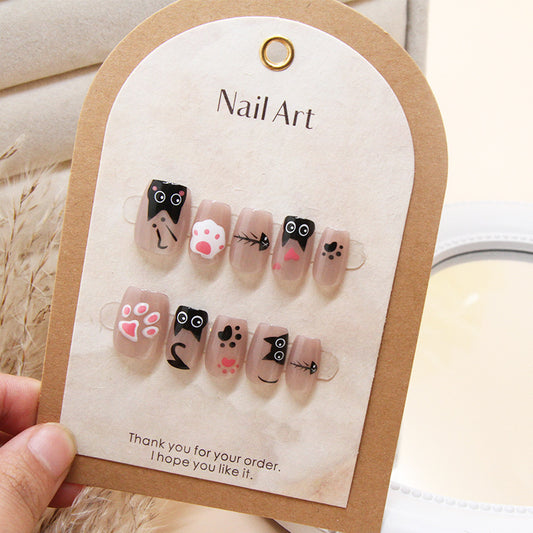 Paw Print Inspiration Long Square Beige Press On Nail Set with Cute Animal Faces and Fun Nail Art Designs