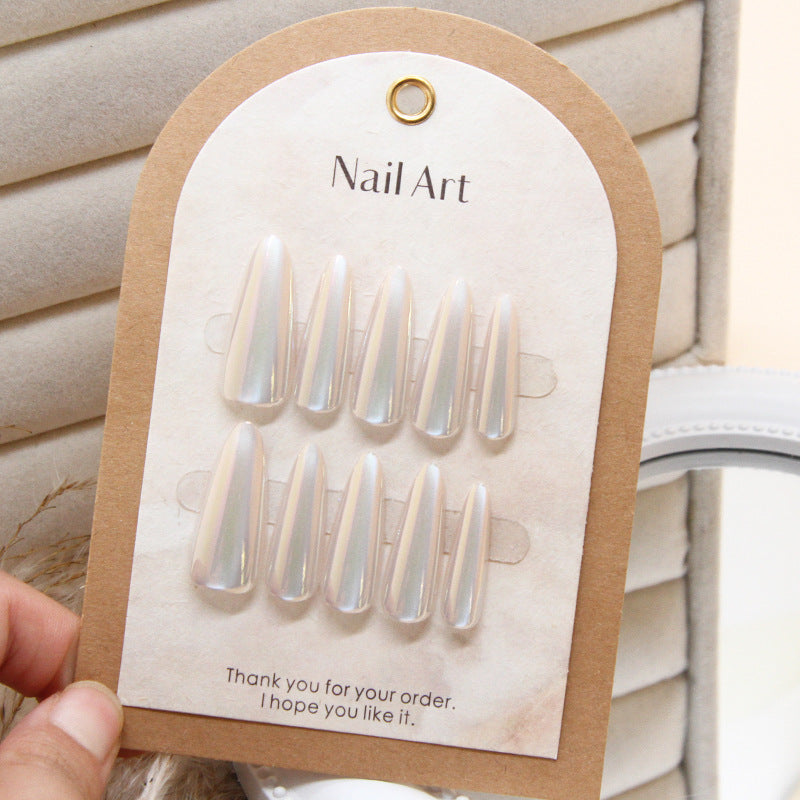 Dreamy Fantasy Long Almond White Iridescent Press On Nail Set with Chic Glossy Finish