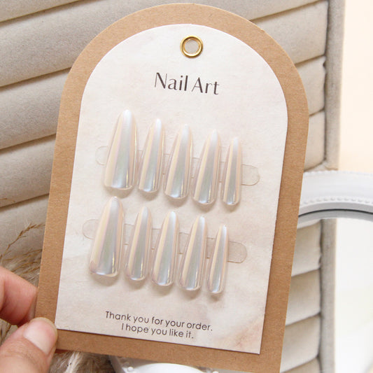 Dreamy Fantasy Long Almond White Iridescent Press On Nail Set with Chic Glossy Finish