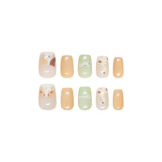 A set of nail art decals featuring various designs including solid colors and animal illustrations, primarily in beige and green shades.