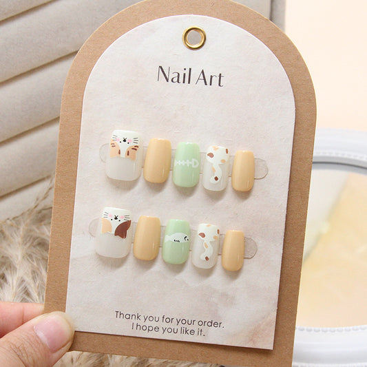 Whimsical Animal Paradise Short Square Pastel Yellow and Green Press on Nail Set with Cute Animal Designs