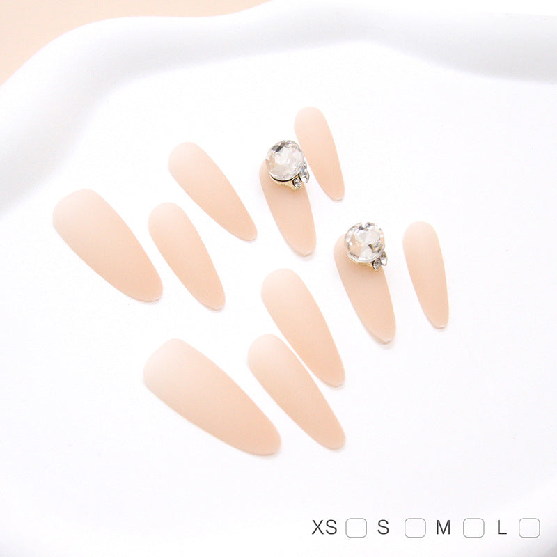 Glamorous Elegance Long Almond Shaped Blush Matte Press on Nail Set with Stunning Rhinestone Accent