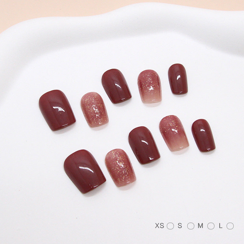 Elegant Autumn Vibes Short Square Deep Burgundy Ombre with Glittery Accents Press On Nail Set