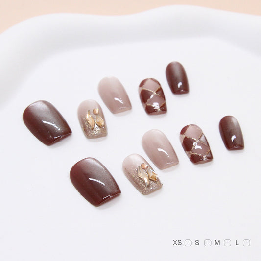 Elegant Autumn Vibes Short Square Brown with Gold Accents Press-On Nail Set