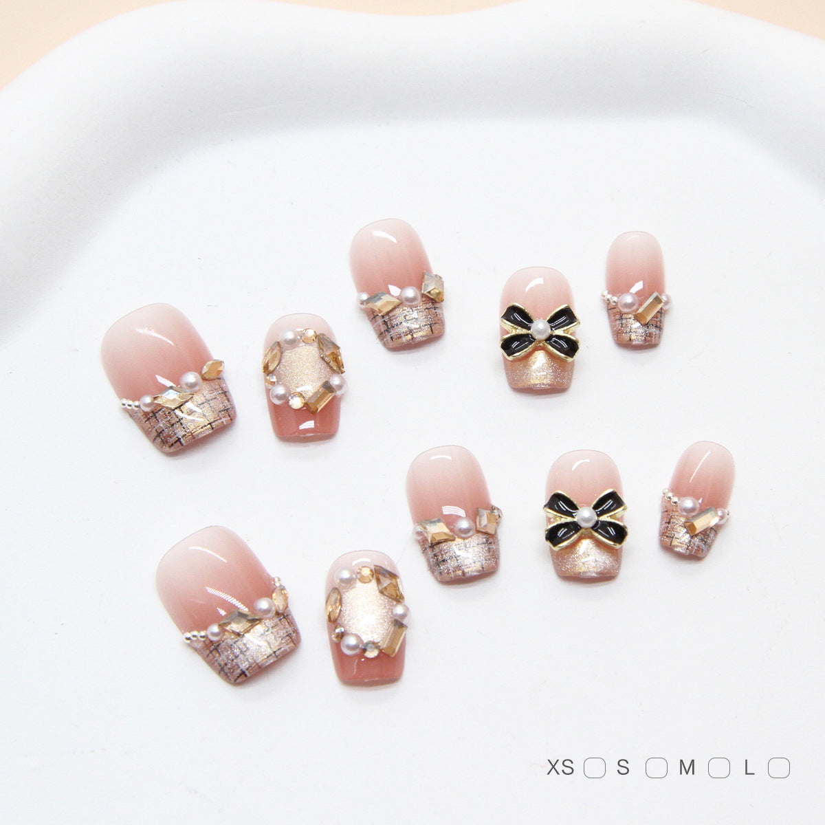 Chic Elegance Short Square Blush Pink Design with Glamorous Pearl and Bow Accents Press On Nail Set