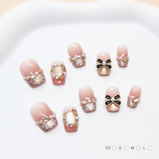 Chic Elegance Short Square Blush Pink Design with Glamorous Pearl and Bow Accents Press On Nail Set