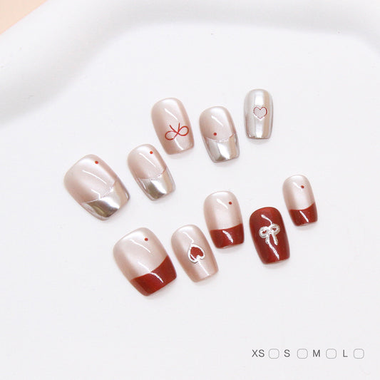 Charming Elegance Short Square Shaped Soft Pink and Deep Red Press On Nail Set with Festive Bow and Heart Designs