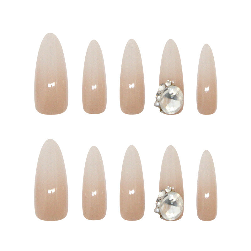 Elegant Glamour Long Almond Shaped Soft Beige Press On Nail Set with Sparkling Rhinestone Accent