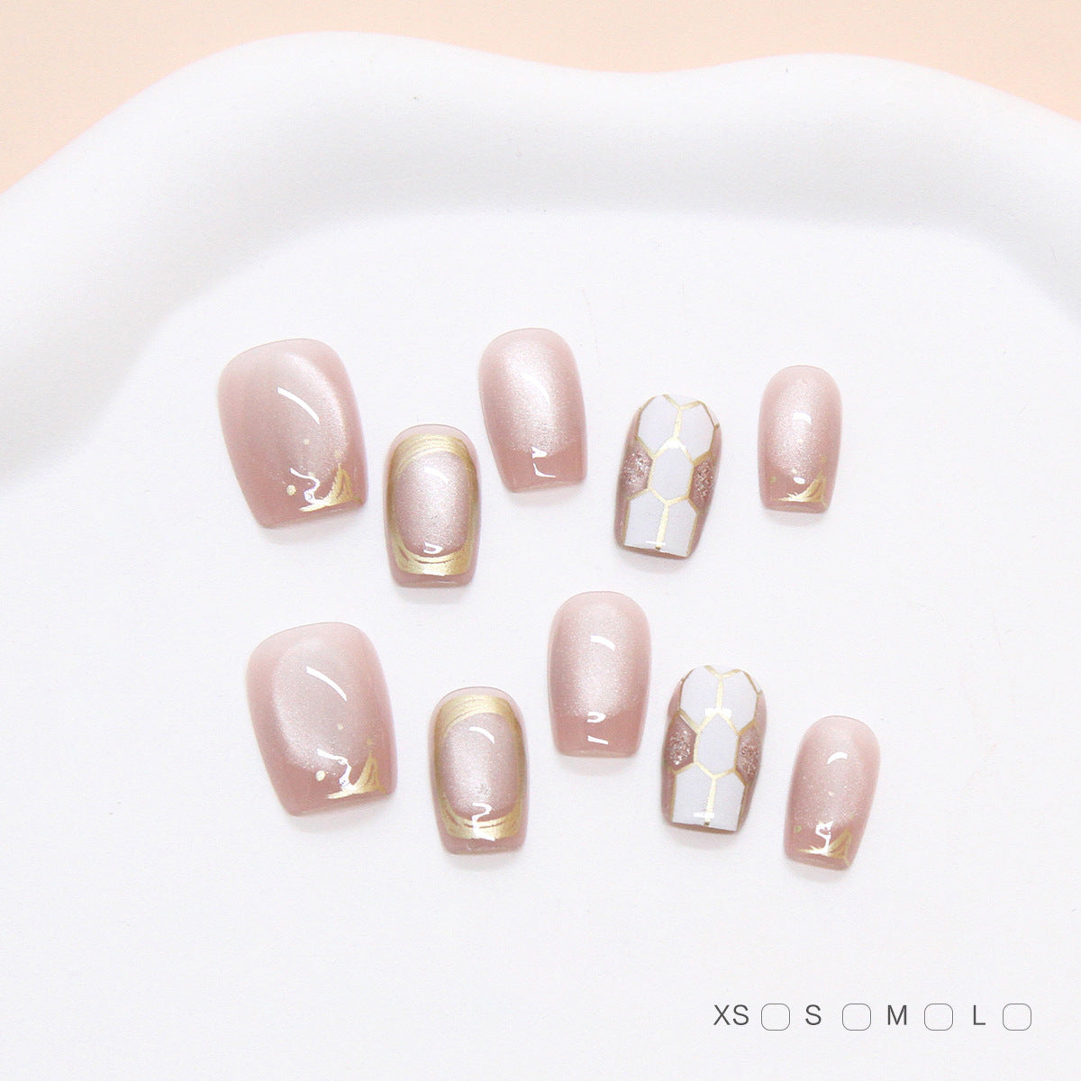 Elegant Serenity Soft Short Square Blush Pink Press On Nails with Gold Accents and Unique Geometric Design