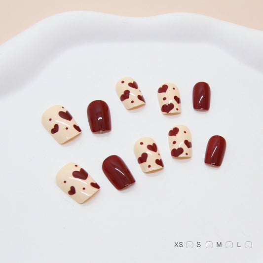 Romantic Love Theme Short Square Shaped Burgundy and Ivory Press-On Nail Set with Unique Heart and Dot Design