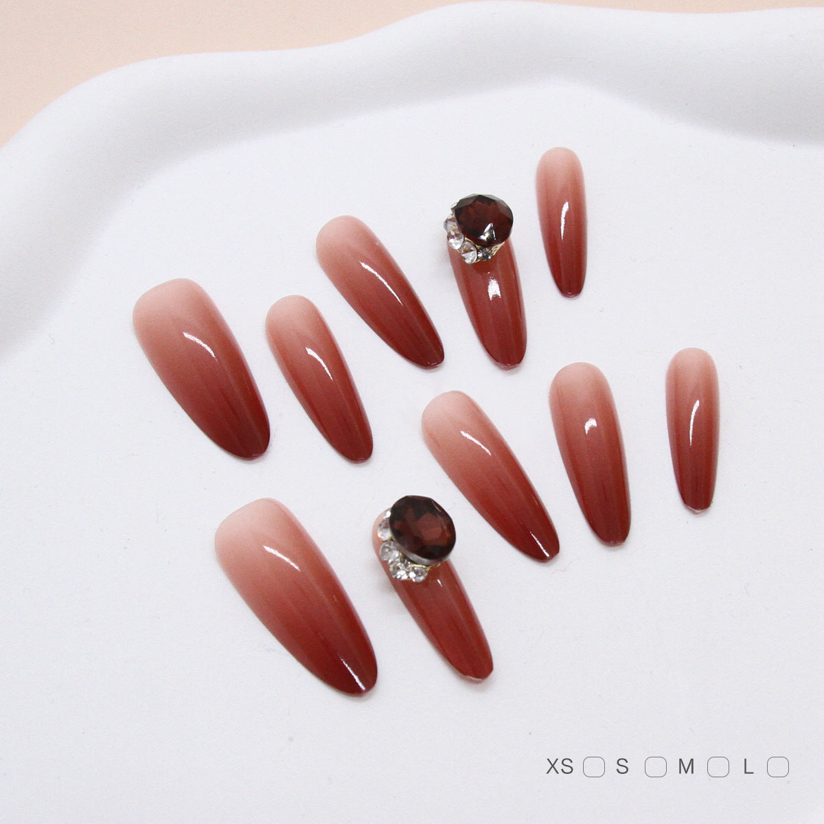 Glamorous Autumn Elegance Long Almond Shaped Ombre Brown Press On Nails with Sparkling Rhinestone Accent
