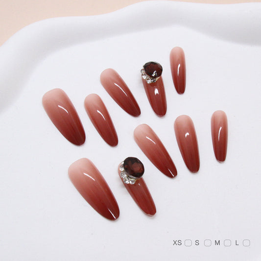 Glamorous Autumn Elegance Long Almond Shaped Ombre Brown Press On Nails with Sparkling Rhinestone Accent