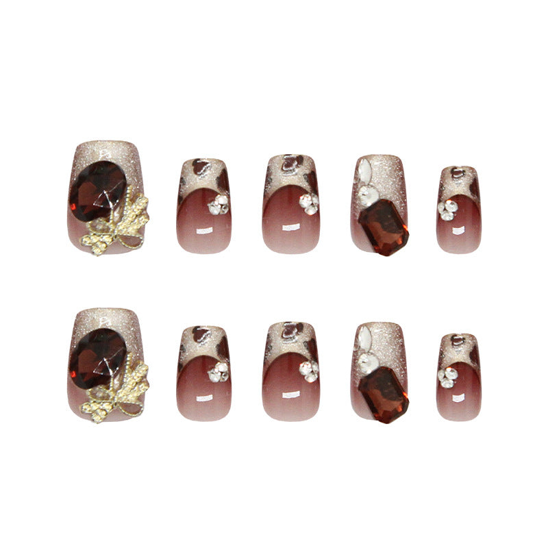 Glamorous Autumn Elegance Short Square Burgundy Press On Nail Set with Sparkling Gemstone Accents