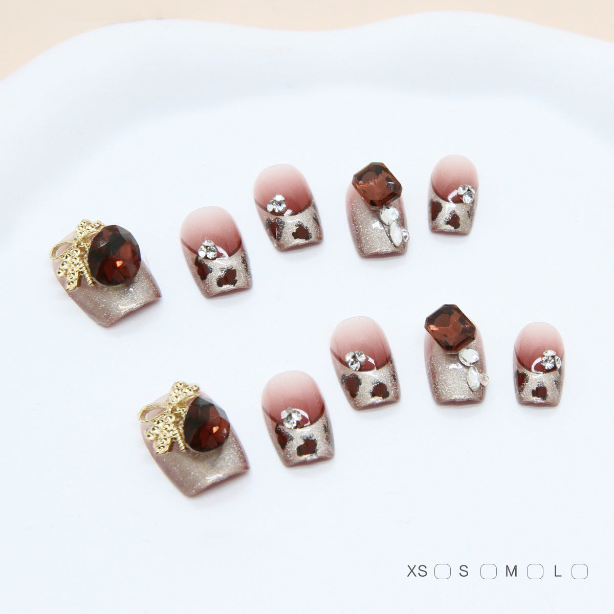 Chic Elegance Short Square Ombre Brown and Glittery Nail Set with Unique Gemstone Accents