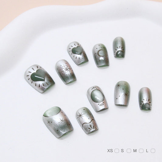 Celestial Dreams Short Square Press On Nail Set Green Metallic with Unique Cosmic Patterns