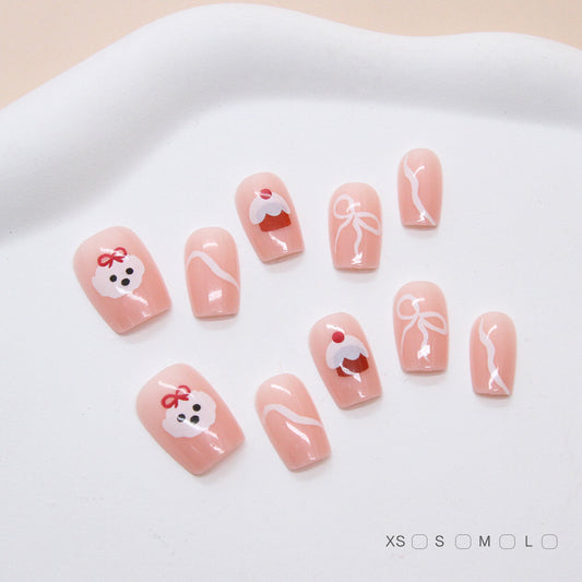 Sweet Dessert Dreams Short Square Pastel Pink Nail Set Featuring Whimsical Cupcake and Bow Designs