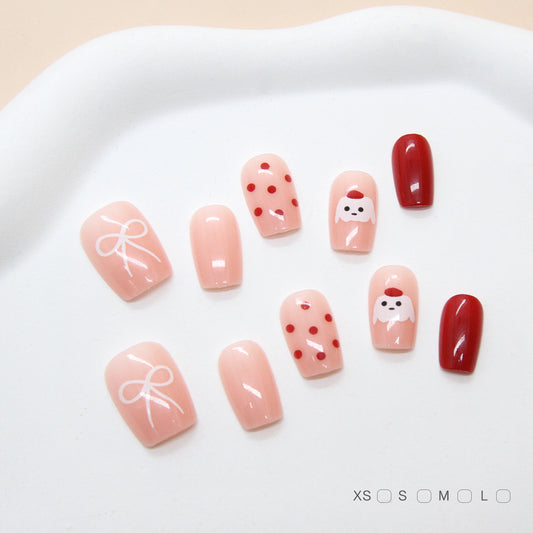 Charming Festive Press On Nail Set Short Square Blush Pink with Fun Red Dot and Cute Ghost Design
