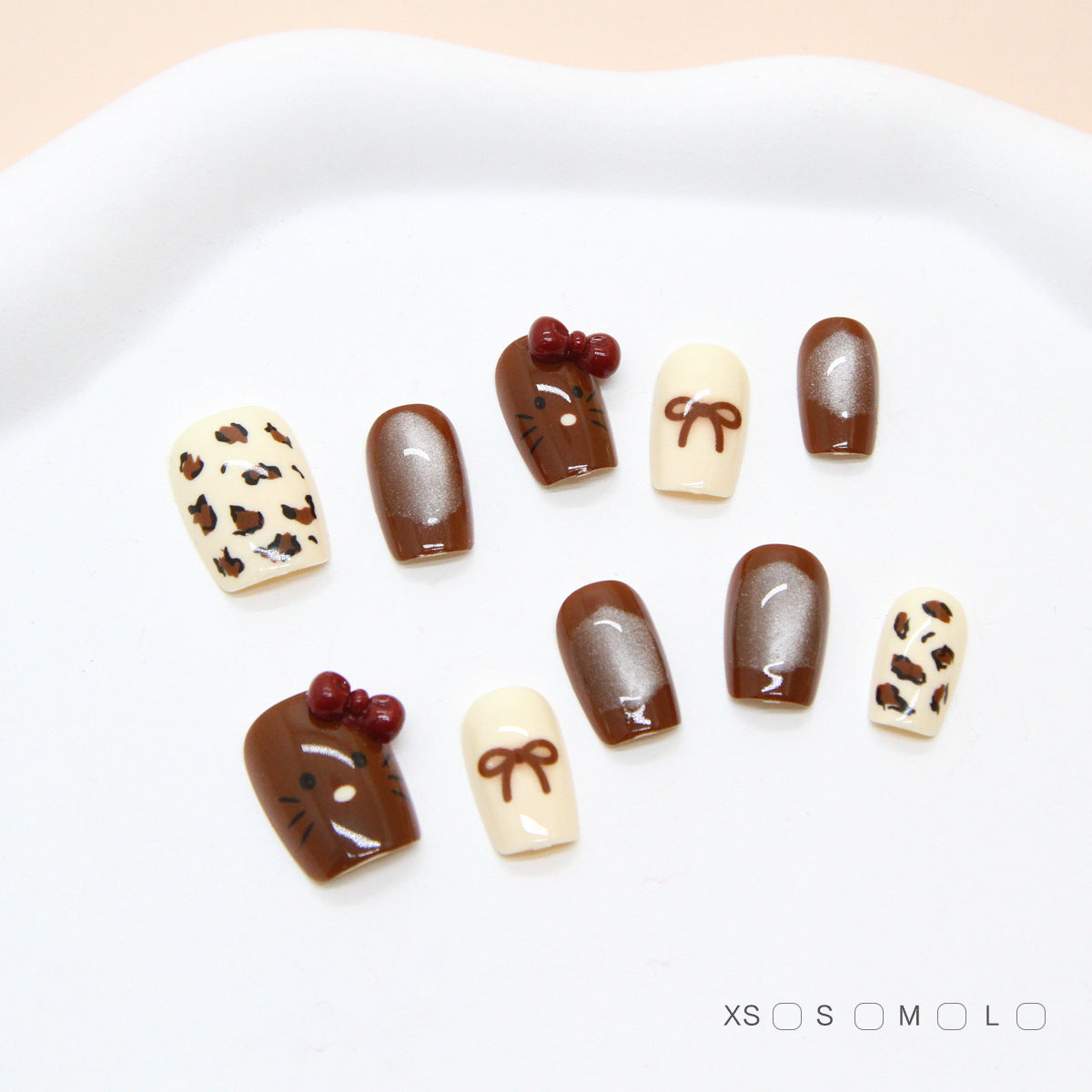 Whimsical Chocolate Meltdown Short Square Brown and Cream Nail Set with Charming Bow Tie and Cute Kitty Design