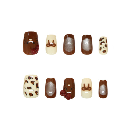 Whimsical Chocolate Delight Short Square Brown and Cream Press On Nail Set with Adorable Animal Designs