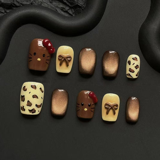Charming Kitty Delight Short Square Brown And Yellow With Hello Kitty Design And Leopard Print Features