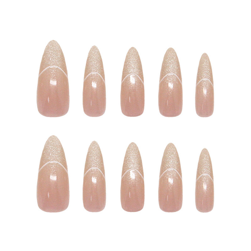 Enchanting Elegance Long Almond Beige Press On Nails with Sparkling French Tips