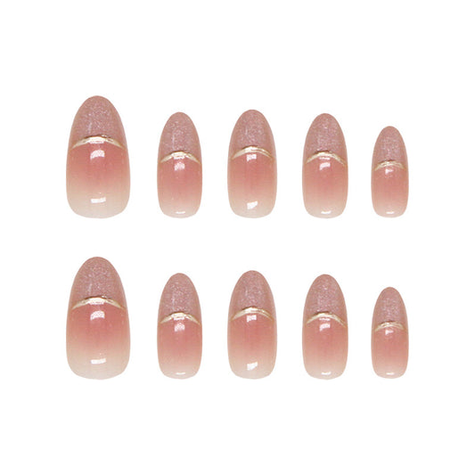 Glamorous Rosebud Dreamy Short Almond Shaped Pastel Pink Press on Nail Set with Sparkling Gold Accent