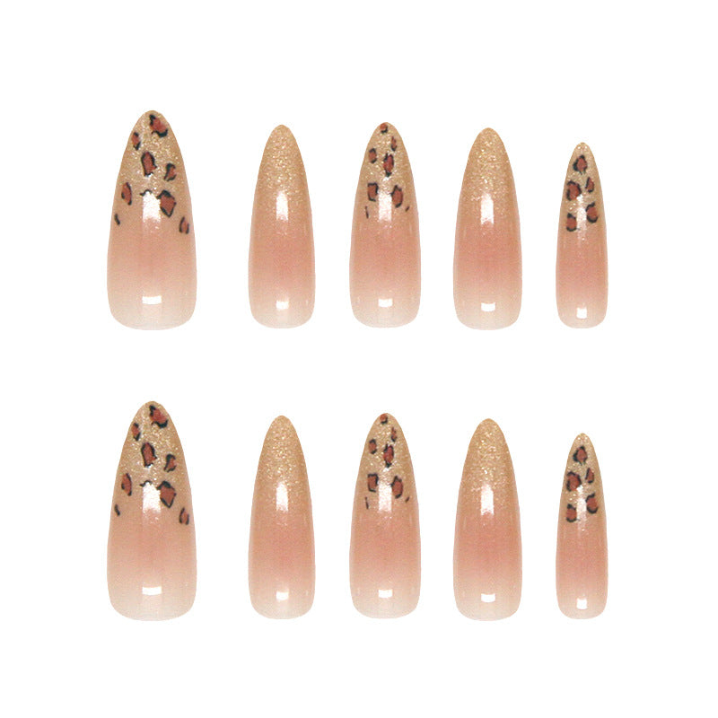Savannah Glamour Long Almond Beige with Gold Glitter and Leopard Print Press-On Nail Set