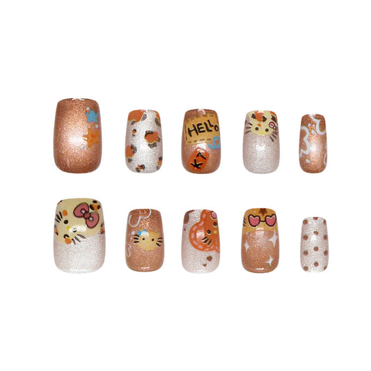 Hello Kitty Inspired Extra Short Square Glossy Peach Press On Nail Set with Playful Cartoon Designs