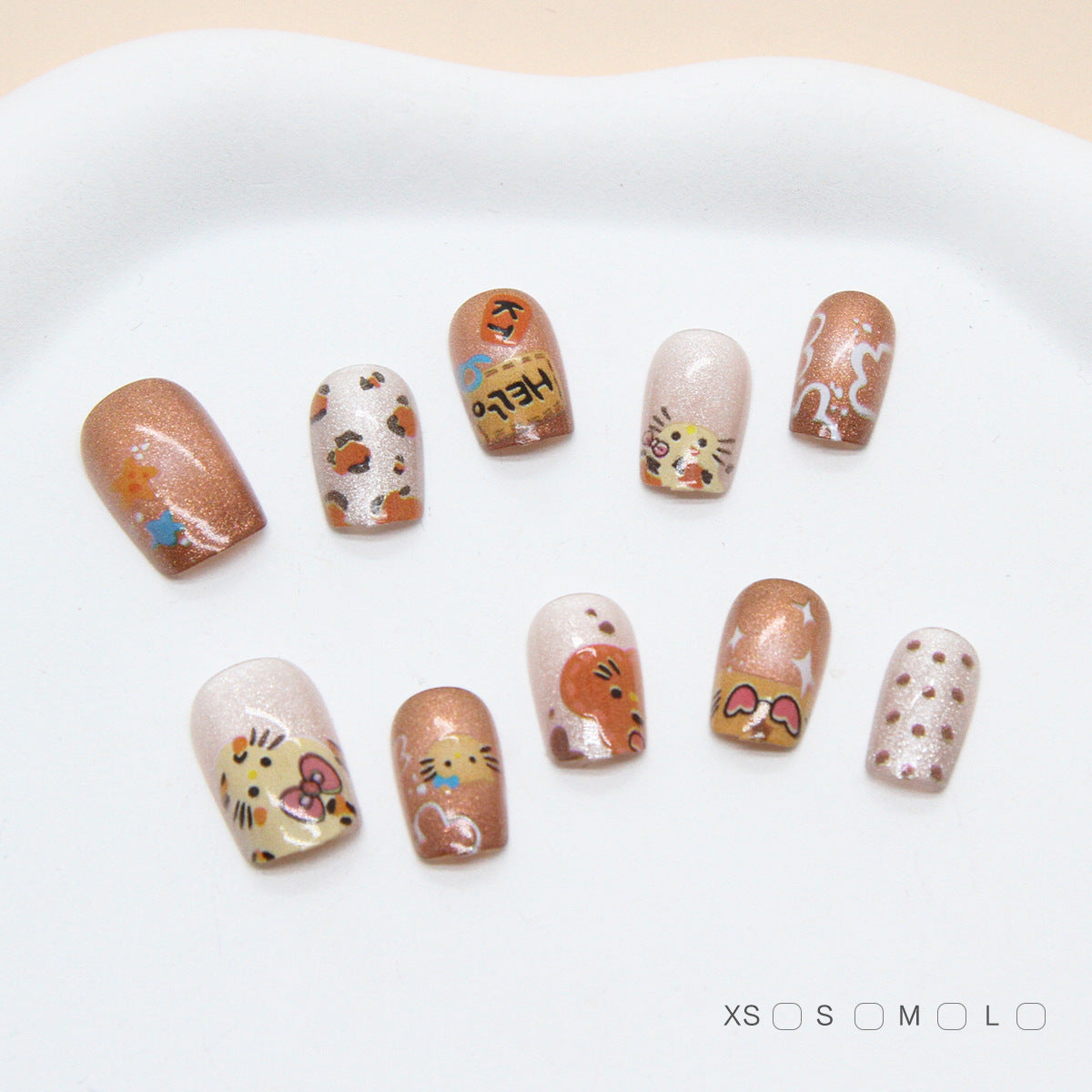 Whimsical Animal Dreams Lengthy Short Square Shimmering Brown Press On Nail Set with Cute Character Designs