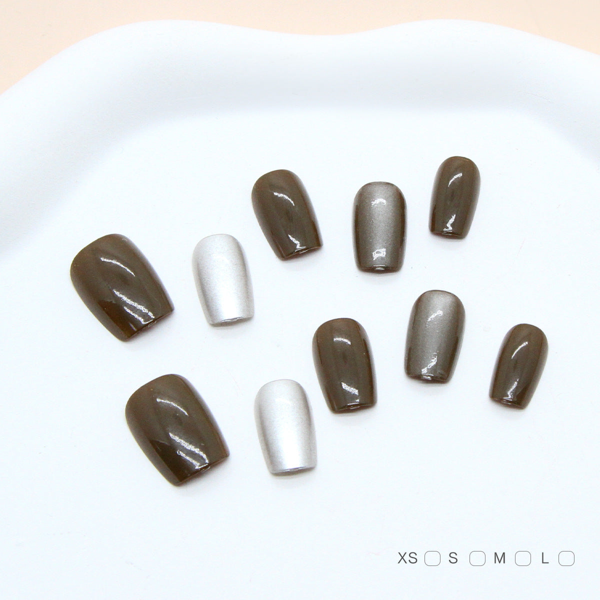 Elegant Earthy Charm Short Square Shaped Brown and Silver Gradient Press on Nail Set